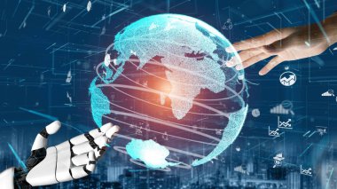 Gelecekçi robot yapay zeka devrimci yapay zeka teknoloji geliştirme ve makine öğrenme kavramı. İnsan hayatının geleceği için küresel robot biyonik bilim araştırması. 3B görüntüleme grafiği.