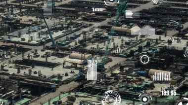 Otomasyon konseptini ve uzaktan kablosuz makine kontrolünü gösteren bir bilgisayar yazılımında fütüristik HUD kullanarak inşaat teknolojisi konsepti üzerinde değişiklik grafiği içeren konsept .