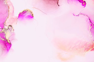 Kağıt üzerinde mermer sıvı mürekkep resimlerinin pembe altın soyut arkaplanı. Yüksek kaliteli kağıt dokusu üzerine orijinal suluboya alkol mürekkebi resmi .