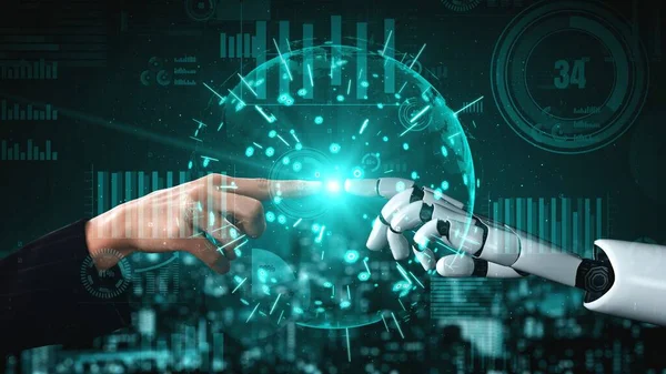 面向未来的机器人人工智能启发了人工智能技术的发展和机器学习的概念 全球机器人仿生科学研究的未来人类的生活 3D渲染图形 — 图库照片
