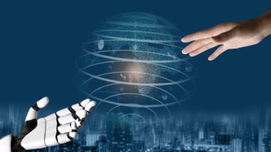Gelecekçi robot yapay zeka devrimci yapay zeka teknoloji geliştirme ve makine öğrenme kavramı. İnsan hayatının geleceği için küresel robot biyonik bilim araştırması. 3B görüntüleme grafiği.