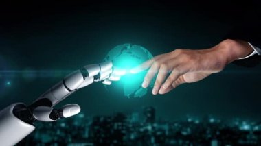 Gelecekçi robot yapay zeka yapay zeka yapay zekayı aydınlatıyor ve makine öğrenme kavramını geliştiriyor. İnsan hayatının geleceği için küresel robot biyonik bilim araştırması. 3B görüntüleme grafiği.