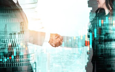 Ekonomik refah ve para teknolojisinin varlık geçmişi üzerine iş tokalaşması. Değerli borsaya yatırım yaparak ekonomik ve finansal büyüme ile refah kar birimi ticareti elde edilir