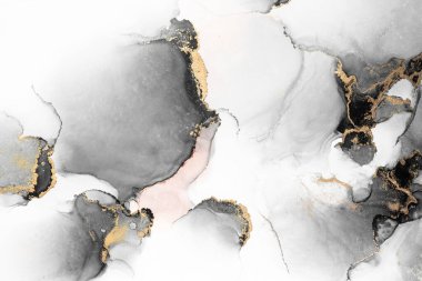 Kağıt üzerinde mermer sıvı mürekkep resminin siyah altın soyut arka planı. Yüksek kaliteli kağıt dokusu üzerine orijinal suluboya alkol mürekkebi resmi .