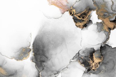 Kağıt üzerinde mermer sıvı mürekkep resminin siyah altın soyut arka planı. Yüksek kaliteli kağıt dokusu üzerine orijinal suluboya alkol mürekkebi resmi .