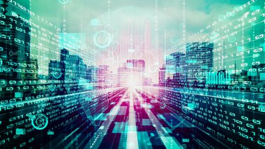 Ticari veri analizi ve zeki yazılım pazarlama stratejisi. Yeni bilgi çağındaki küresel eğilimleri değiştiren akıllı dijital dönüşüm ve teknoloji bozulması kavramı .