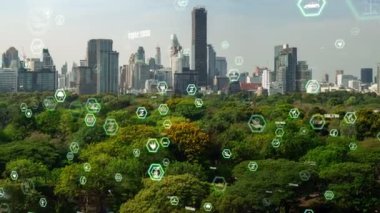 Çevre kirliliğini azaltmak ve ESG hedeflerine ulaşmak için temiz enerji, geri dönüşüm ve sıfır atık yönetimi yoluyla sürdürülebilir değişim kavramına doğru kayan yeşil şehir teknolojisi .