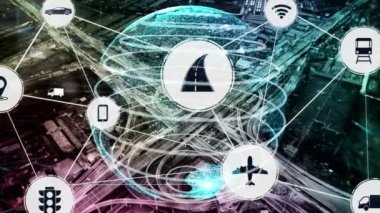 Yeni şehir yolunda gelecek araba trafiği için akıllı ulaşım teknolojisi kavramı. Sanal akıllı sistem, şehir sokaklarındaki araç verilerini birbirine bağlamak için dijital bilgi analizi yapıyor .