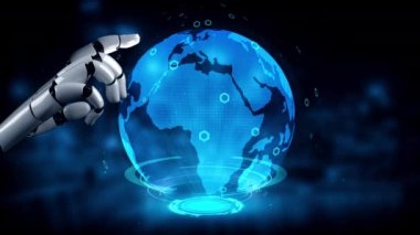 Gelecekçi robot yapay zeka yapay zeka yapay zekayı aydınlatıyor ve makine öğrenme kavramını geliştiriyor. İnsan hayatının geleceği için küresel robotik blok zincir bilimi araştırması. 3B görüntüleme grafiği