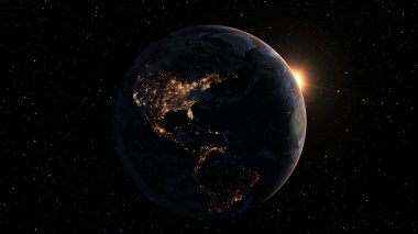 Gerçekçi coğrafya yüzeyi ve yörüngesel 3D bulut atmosferi olan Dünya gezegeni. Kıtaların dünya küresinin dış uzay görüşü. 3 boyutlu görüntüleme. Bu görüntünün elementleri NASA tarafından desteklenmektedir .