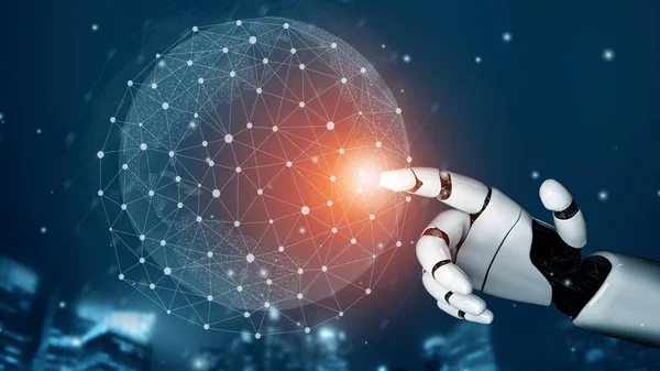 未来主义机器人人工智能革命人工智能技术的发展和机器学习的概念 全球机器人仿生科学研究的未来人类的生活 3D渲染图形 — 图库照片