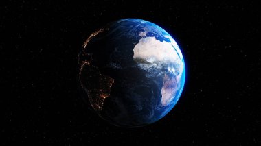 Gerçekçi coğrafya yüzeyi ve yörüngesel 3D bulut atmosferi olan Dünya gezegeni. Kıtaların dünya küresinin dış uzay görüşü. 3 boyutlu görüntüleme. Bu görüntünün elementleri NASA tarafından desteklenmektedir .