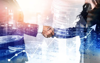Ekonomik refah ve para teknolojisinin varlık geçmişi üzerine iş tokalaşması. Değerli borsaya yatırım yaparak ekonomik ve finansal büyüme ile refah kar birimi ticareti elde edilir