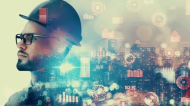 Gelecekteki bina inşaatı ve HUD hologram grafik tasarımı ile yaratıcı mühendislik projesi konsepti. İnşaat mühendisi, mimar ya da inşaat işçisi modern sivil teknoloji ile çalışıyor..