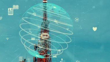 Dünya çapında internet ağı bağlantıları kavramında küresel iş değişikliğinin ve mavi gökyüzüne karşı e-ticaretin 3 boyutlu grafiğine sahip telekomünikasyon kulesi .