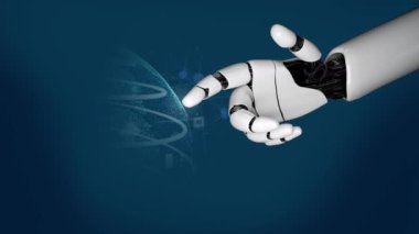 Gelecekçi robot yapay zeka devrimci yapay zeka teknoloji geliştirme ve makine öğrenme kavramı. İnsan hayatının geleceği için küresel robot biyonik bilim araştırması. 3B görüntüleme grafiği.