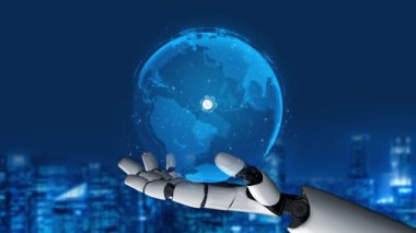 Gelecekçi robot yapay zeka devrimci yapay zeka teknoloji geliştirme ve makine öğrenme kavramı. Gelecekteki insan hayatı için küresel robotik engelleme bilimi araştırması. 3B görüntüleme grafiği.