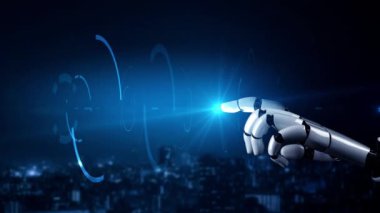 Gelecekçi robot yapay zeka yapay zeka yapay zekayı aydınlatıyor ve makine öğrenme kavramını geliştiriyor. İnsan hayatının geleceği için küresel robot biyonik bilim araştırması. 3B görüntüleme grafiği.