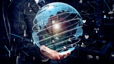 İş adamı küresel ağ iletişim imalı teknolojisinin hologramını gösterdi. Sanal artırılmış gerçeklik, geleceksel HUD oluşturmak için 3 boyutlu görüntüleme ve animasyon ile oluşturulmuştur. .