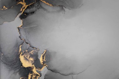 Kağıt üzerinde mermer sıvı mürekkep resimlerinin koyu altın soyut arkaplanı. Yüksek kaliteli kağıt dokusu üzerine orijinal suluboya alkol mürekkebi resmi .