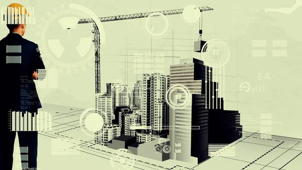 Городское Гражданское Планирование Развитие Изобретательной Недвижимости Архитекторы Смотрят Абстрактные Чертежи — стоковое фото