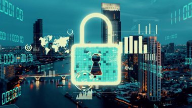 Dijital Platform 'da Siber Güvenlik ve Değişim Veri Koruması. Hackerlar, virüsler ve güvensiz bilgilere karşı çevrimiçi veri erişim savunması için güvenli güvenlik duvarı teknolojisi gösteren grafik arayüzü .
