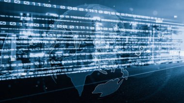 Ticari veri analizi ve zeki yazılım pazarlama stratejisi. Yeni bilgi çağındaki küresel eğilimleri değiştiren akıllı dijital dönüşüm ve teknoloji bozulması kavramı .