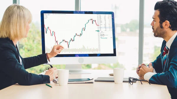 Stock market data chart analysis by ingenious computer software . Investment application display stock market chart on the computer screen and advise trading decision .