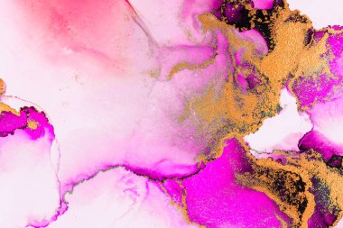 Kağıt üzerinde mermer sıvı mürekkep resimlerinin pembe altın soyut arkaplanı. Yüksek kaliteli kağıt dokusu üzerine orijinal suluboya alkol mürekkebi resmi .