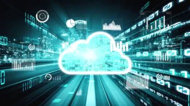 Akıllı paylaşım yazılımıyla bulut bilgisayarı ve çevrimiçi veri depolama. Yeni bilgi çağındaki küresel eğilimleri değiştiren akıllı dijital dönüşüm ve teknoloji bozulması kavramı .