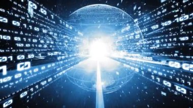 Fütürist küresel ağ ve dijital veri transferi 3D grafik. Yeni bilgi çağındaki küresel eğilimleri değiştiren akıllı dijital dönüşüm ve teknoloji bozulması kavramı .