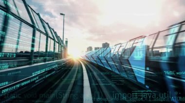 Yazılım geliştirme, uygulama programlama kodu ve gizli bilgisayar kodlaması. Yeni bilgi çağındaki küresel eğilimleri değiştiren akıllı dijital dönüşüm ve teknoloji bozulması kavramı .