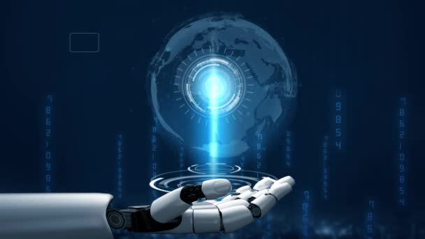 未来型ロボット人工知能革新的なAi技術開発と機械学習の概念 将来の人間の生活のためのグローバルなロボットブロックチェーン科学研究 3Dレンダリンググラフィック — ストック動画