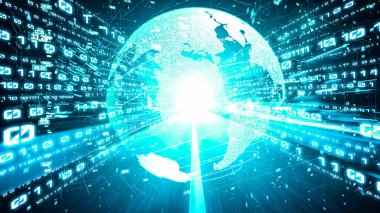 Fütürist küresel ağ ve dijital veri transferi 3D grafik. Yeni bilgi çağındaki küresel eğilimleri değiştiren akıllı dijital dönüşüm ve teknoloji bozulması kavramı .