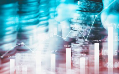 Finans ve para teknolojisi iş refahı ve varlık yönetimi kavramı. Yaratıcı grafik, refah karı elde etmek için değerli varlıklara yatırım yaparak ekonomi ve mali büyümeyi gösteriyor .