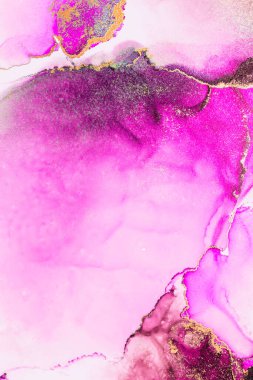 Kağıt üzerinde mermer sıvı mürekkep resimlerinin pembe altın soyut arkaplanı. Yüksek kaliteli kağıt dokusu üzerine orijinal suluboya alkol mürekkebi resmi .