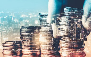 Finans ve para teknolojisi iş refahı ve varlık yönetimi kavramı. Yaratıcı grafik, refah karı elde etmek için değerli varlıklara yatırım yaparak ekonomi ve mali büyümeyi gösteriyor .