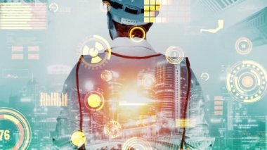 Gelecekteki bina inşaatı ve HUD hologram grafik tasarımı ile yaratıcı mühendislik projesi konsepti. İnşaat mühendisi, mimar ya da inşaat işçisi modern sivil teknoloji ile çalışıyor..