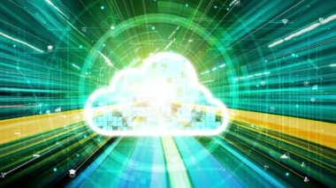 Akıllı paylaşım yazılımıyla bulut bilgisayarı ve çevrimiçi veri depolama. Yeni bilgi çağındaki küresel eğilimleri değiştiren akıllı dijital dönüşüm ve teknoloji bozulması kavramı .