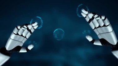 Gelecekçi robot yapay zeka yapay zeka yapay zekayı aydınlatıyor ve makine öğrenme kavramını geliştiriyor. İnsan hayatının geleceği için küresel robot biyonik bilim araştırması. 3B görüntüleme grafiği.