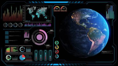 Yörüngesel küresel ağ 3D görüntüleme grafikli gelecekçi VR baş tasarımı. Çember soyut ve büyük veri analitiği içeren HUD ögesi dijital GUI teknolojisinde sunulmuştur .