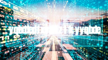 Yazılım geliştirme, uygulama programlama kodu ve gizli bilgisayar kodlaması. Yeni bilgi çağındaki küresel eğilimleri değiştiren akıllı dijital dönüşüm ve teknoloji bozulması kavramı .