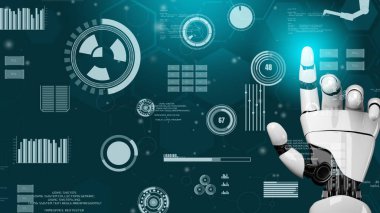 Gelecekçi robot yapay zeka devrimci yapay zeka teknoloji geliştirme ve makine öğrenme kavramı. İnsan hayatının geleceği için küresel robot biyonik bilim araştırması. 3B görüntüleme grafiği.