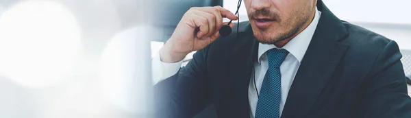 Call Center Agente Suporte Cliente Ampla Visualização Banner Panorâmico Usando — Fotografia de Stock