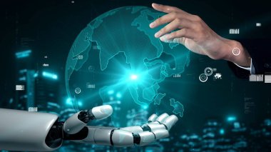 Gelecekçi robot yapay zeka yapay zeka yapay zekayı aydınlatıyor ve makine öğrenme kavramını geliştiriyor. İnsan hayatının geleceği için küresel robot biyonik bilim araştırması. 3B görüntüleme grafiği.