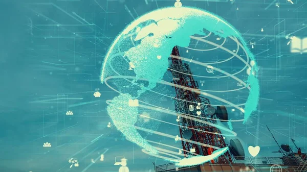 世界的なインターネットネットワーク接続の概念で青い空に対する世界的なビジネス変更と電子商取引の3Dグラフィックと電気通信塔 — ストック写真