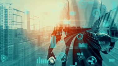 Gelecekteki bina inşaatı ve HUD hologram grafik tasarımı ile yaratıcı mühendislik projesi konsepti. İnşaat mühendisi, mimar ya da inşaat işçisi modern sivil teknoloji ile çalışıyor..