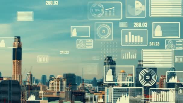 Аналітичний Інтерфейс Бізнес Даних Літає Над Розумним Містом Демонструючи Зміни — стокове відео