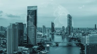 Akıllı şehirde küresel bağlantı ve internet ağı değişikliği. Gelecekteki kablosuz dijital bağlantı ve sosyal medya ağı kavramı .