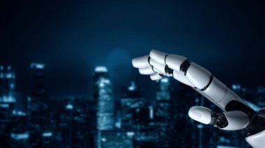 Gelecekçi robot yapay zeka yapay zeka yapay zekayı aydınlatıyor ve makine öğrenme kavramını geliştiriyor. İnsan hayatının geleceği için küresel robot biyonik bilim araştırması. 3B görüntüleme grafiği.
